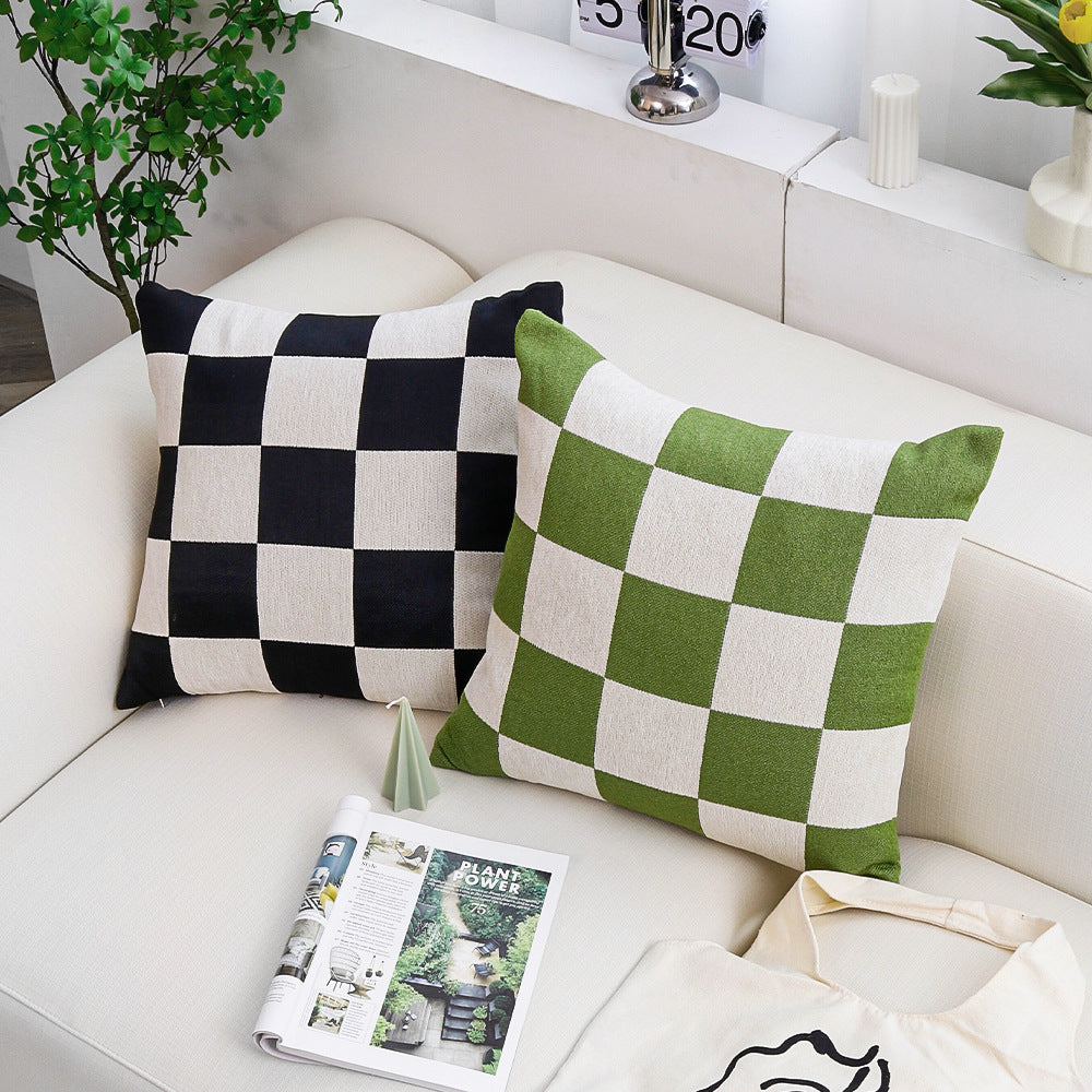 Square decorative cushion with woven checkered pattern and hidden zipper