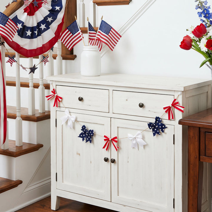 Unisex nan decorative fabric bow garland with jute twine and assorted striped star bows Kalsten