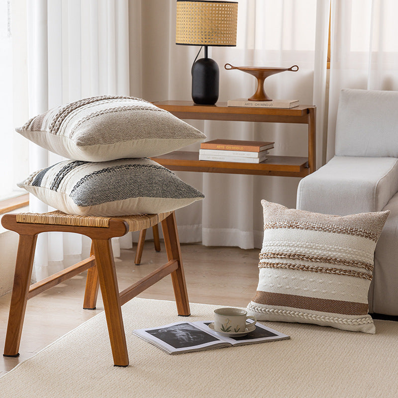 Woven Cotton Textured Lumbar Throw Pillow Cover with Braided Stripe Embellishments