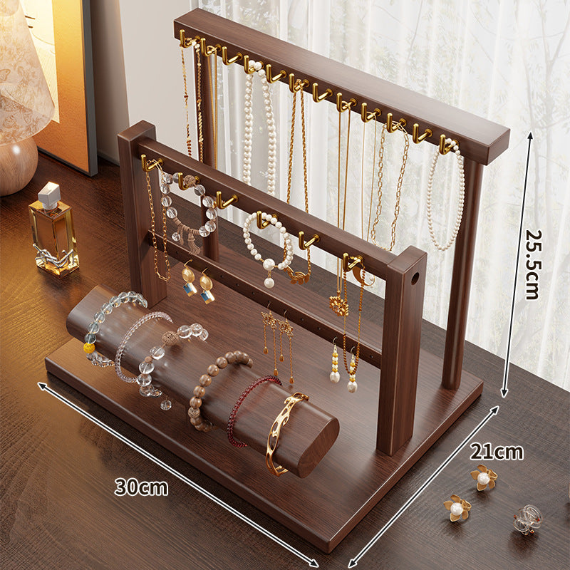 Wooden Dual-Tier Jewelry Organizer Stand with Necklace Hooks and Bracelet Display Bar