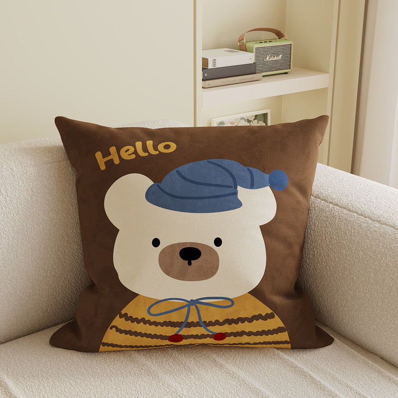 Plush Velvet Decorative Square Throw Pillow Cover with Cartoon Dog Family Illustration and Hidden Zipper