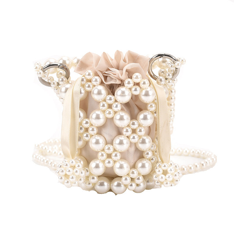 Pearl-Adorned Drawstring Evening Handbag