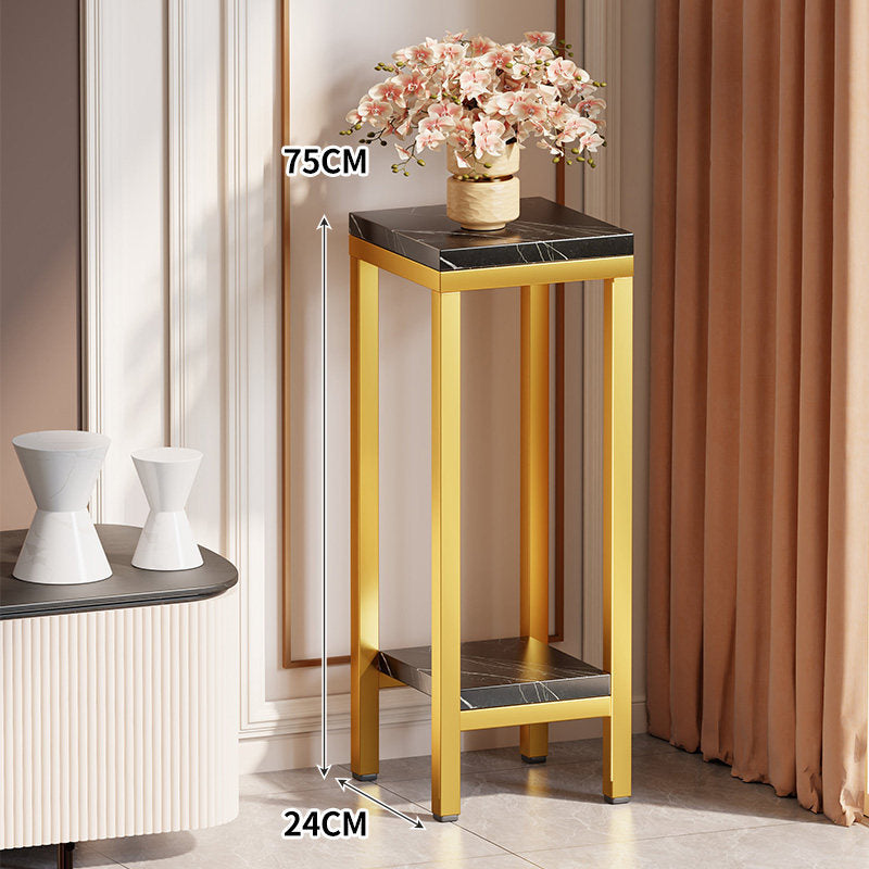 Tall Narrow Marble-Top Plant Stand Side Table with Lower Shelf and Gold Metal Frame