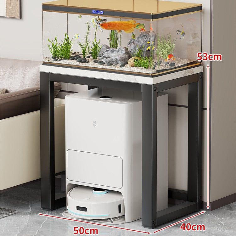 Gold Metal Aquarium Console Table with Faux Marble Top and Robot Vacuum Storage