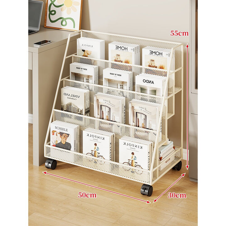 Angled Mesh Rolling Magazine and Book Display Shelf with Locking Casters
