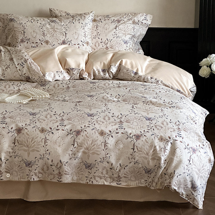 Luxurious satin bedding set with delicate rose patterns and button placket