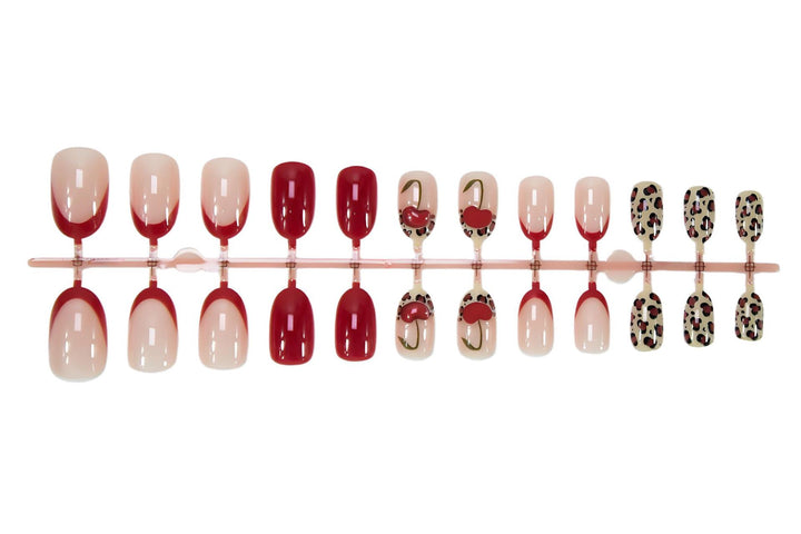 Artificial nail set with trendy leopard and cherry designs Kalsten