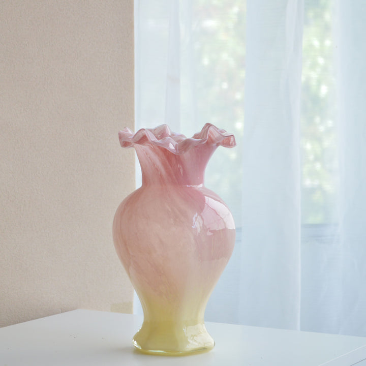 Hand-Blown Ruffled-Rim Art Glass Vase with Ombre Pink Ivory Finish Kalsten