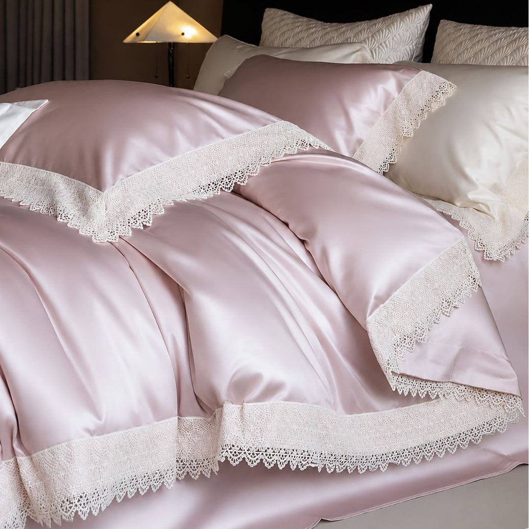 Luxurious satin bedding set with fine lace edging