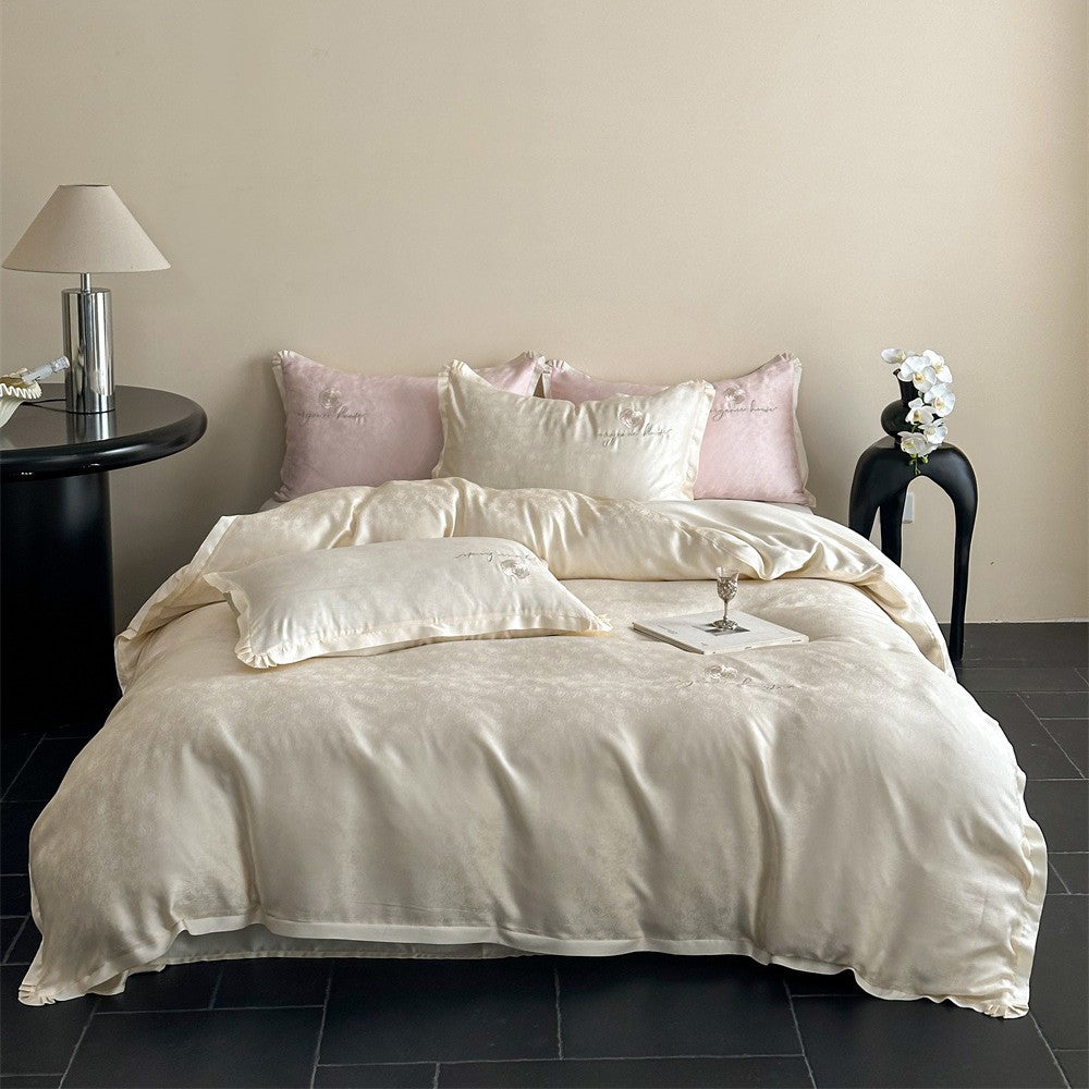 Luxurious cotton satin bedding set with jacquard relief and embroidered rose motif