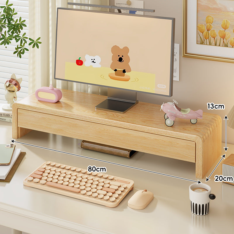 Wide Solid Wood Curved Desktop Monitor Stand Riser with Under-Shelf Storage