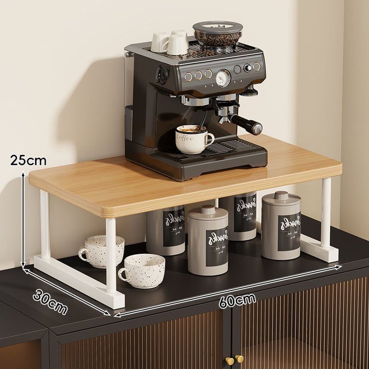 Two-Tier Countertop Coffee Station Shelf Riser with Walnut Top and Metal Frame
