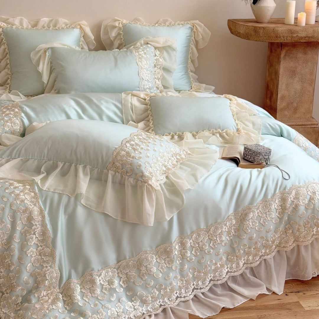 Luxurious lace bedding set with ruffles and frills
