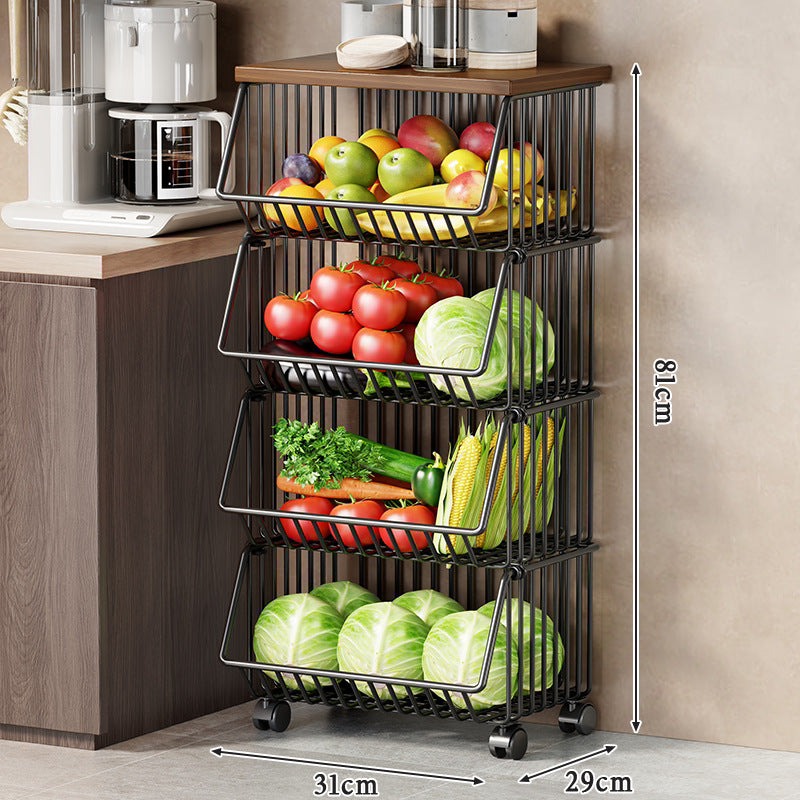 Vertical Five-Tier Rolling Kitchen Produce Storage Cart with Wooden Top and Pull-Out Wire Baskets