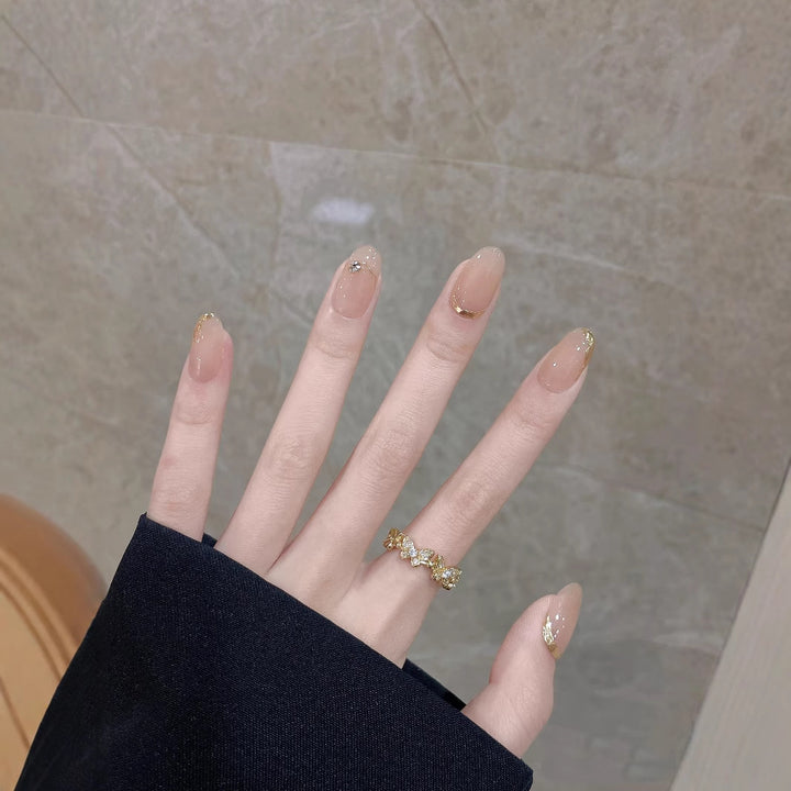 Artistic Press-On Nail Set with Elegant Metallic Garnishes