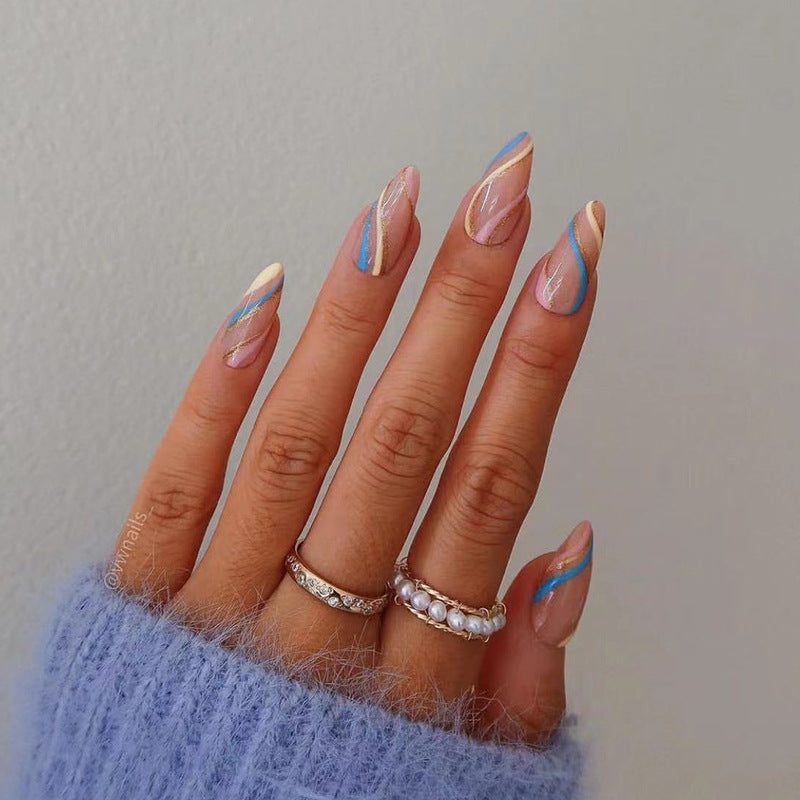 Artistic Stiletto Press-On Nails with Colorful Line Design Kalsten