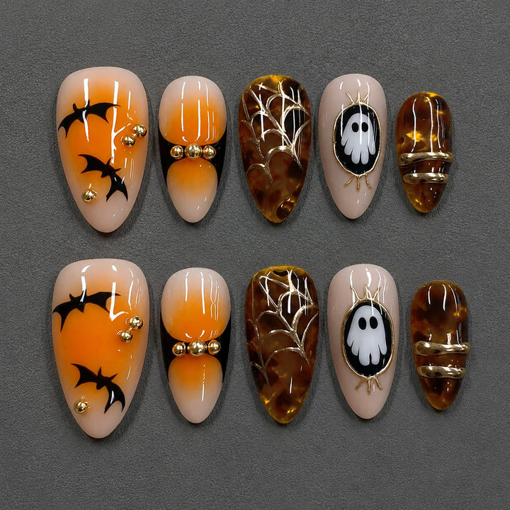 Halloween Artificial Nail Set with spooky designs and golden accents Kalsten