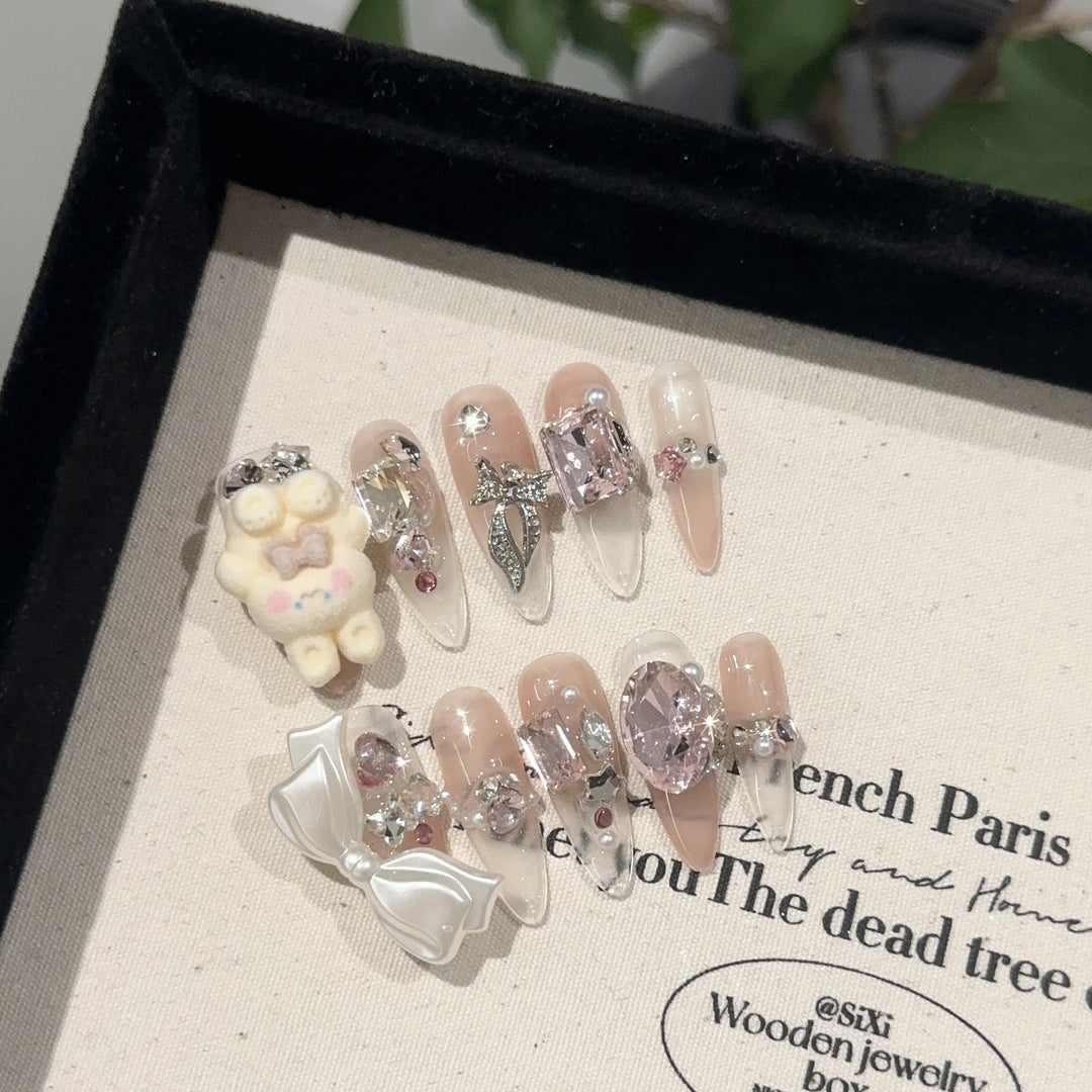 Artistic Press-On Nail Set with Unique 3D Charms