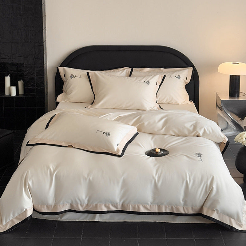 Bedding set cotton satin with contrasting border and delicate rose embroidery