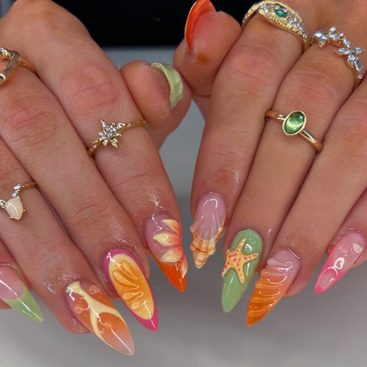 Artistic Stiletto Press-On Nail Set with Vibrant Tropical Designs Kalsten