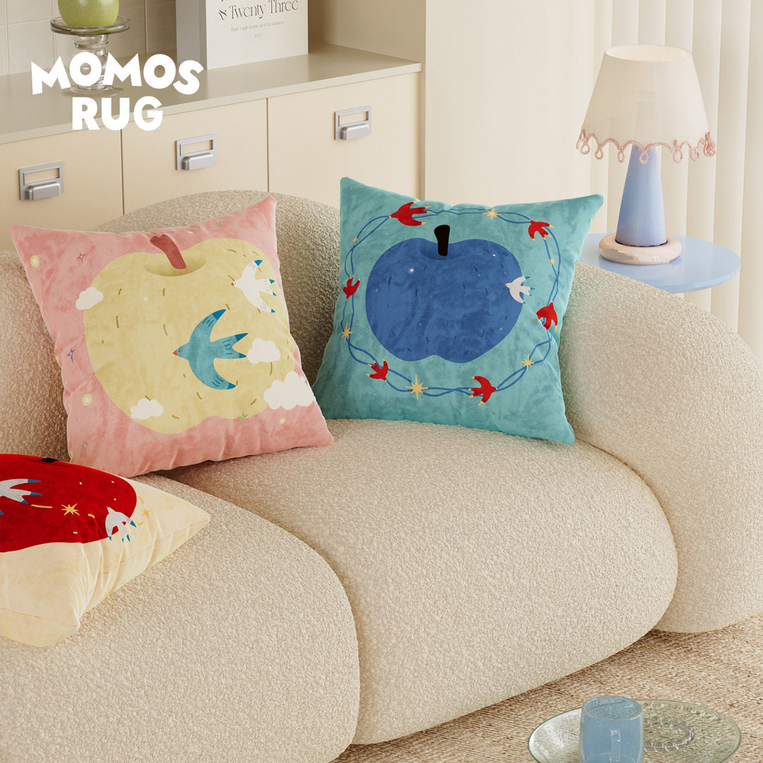 Decorative Velvet Square Throw Pillow with Illustrated Apple & Swallow Motif