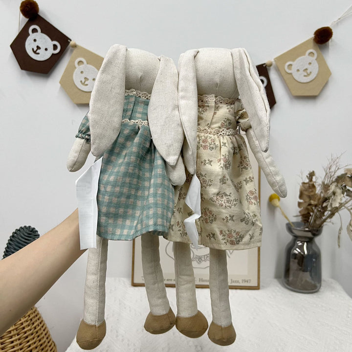 Handcrafted Linen Bunny Rag Doll with Long Ears and Gingham Dress