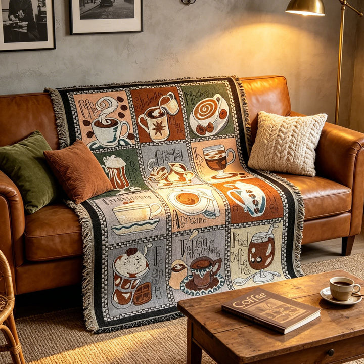 Coffee-Themed Tapestry Throw Blanket