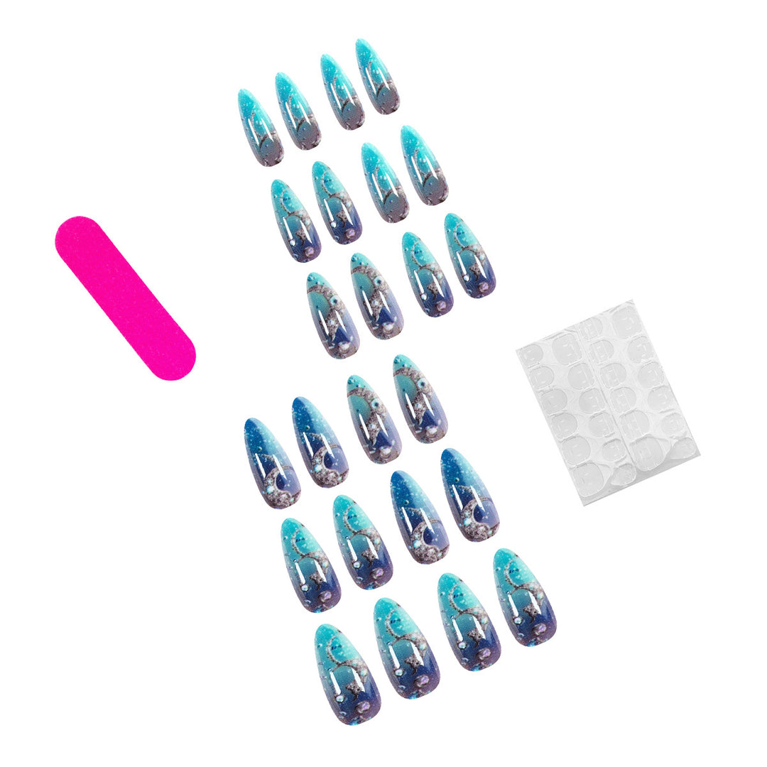 Artistic stiletto nails with glitter and marine motifs Kalsten