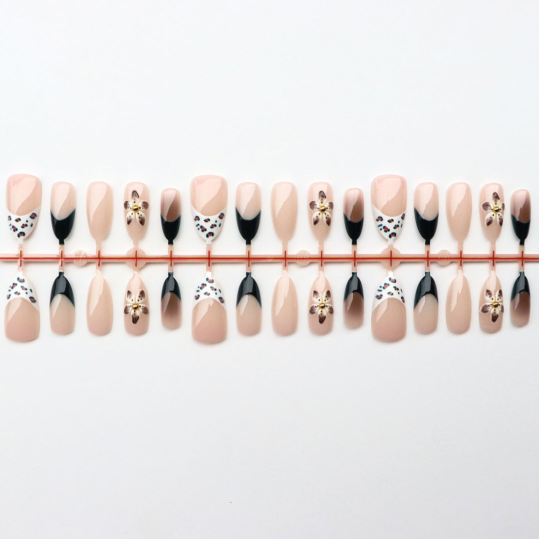 Artistic Press-On Nail Set with Floral Designs