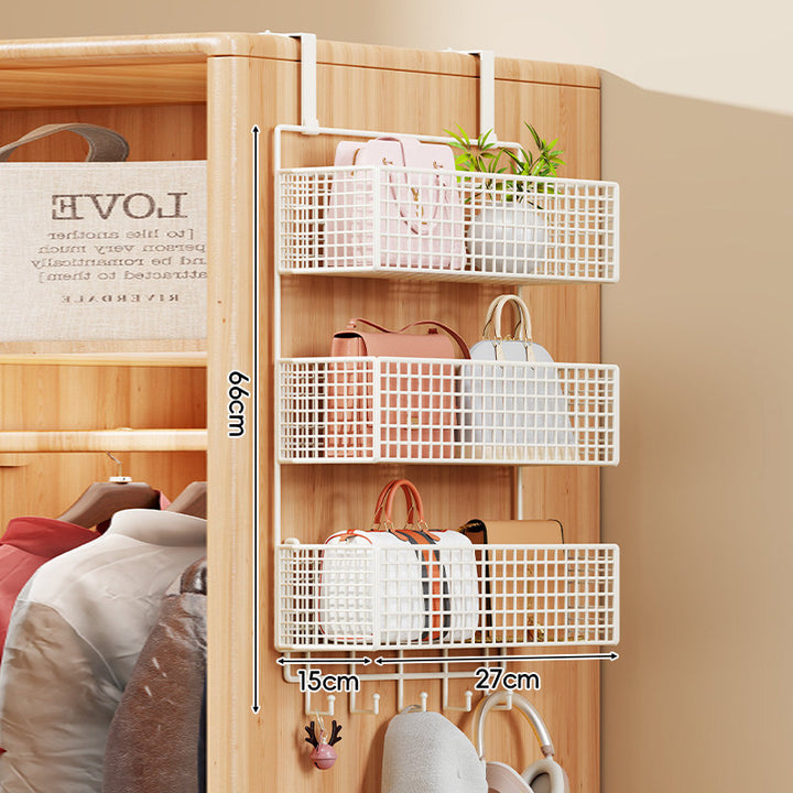 Over-the-Door Metal Grid Hanging Organizer with Four Stackable Baskets and Hooks