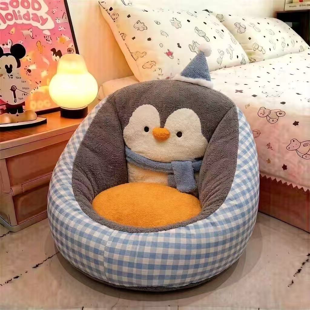 Cozy pet bed with plush penguin back support and ergonomic cuddle pillow