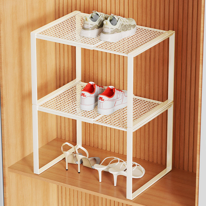 Multi-Tier Metal Mesh Shoe Storage Rack with Open Grid Shelves and Matte Frame