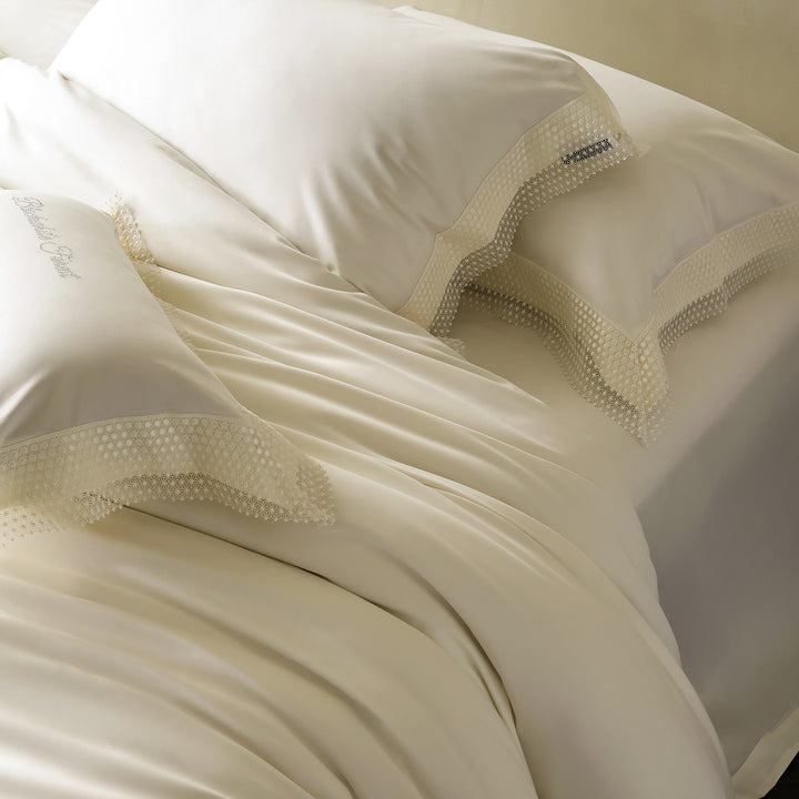 Noble cotton satin bedding set with fine lace trim and hotel closure