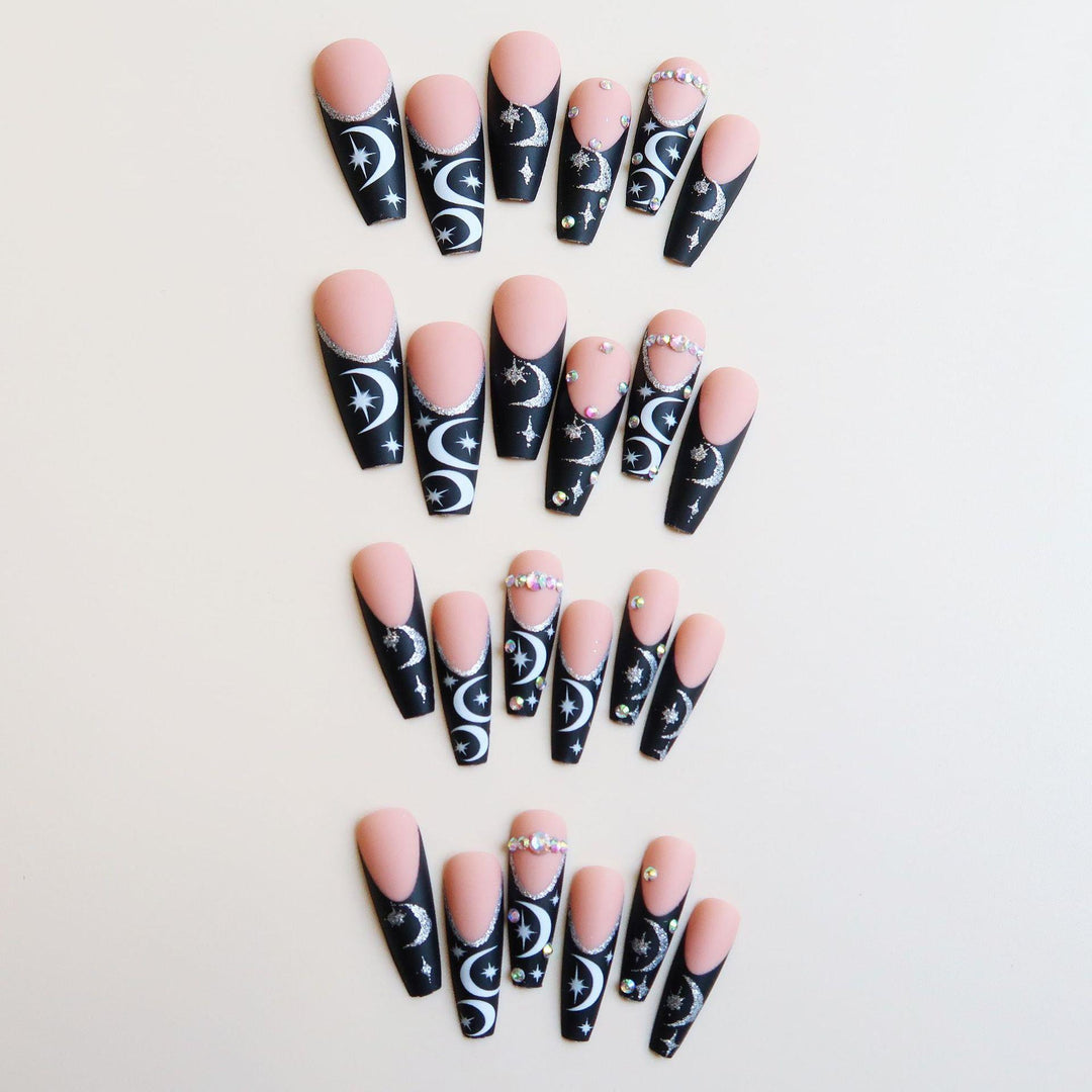 Artistic Long Stiletto Press-On Nail Set with Moon and Star Designs