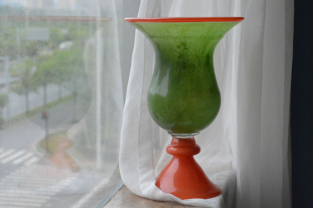 Handblown Fluted Pedestal Art Glass Trumpet Vase Kalsten
