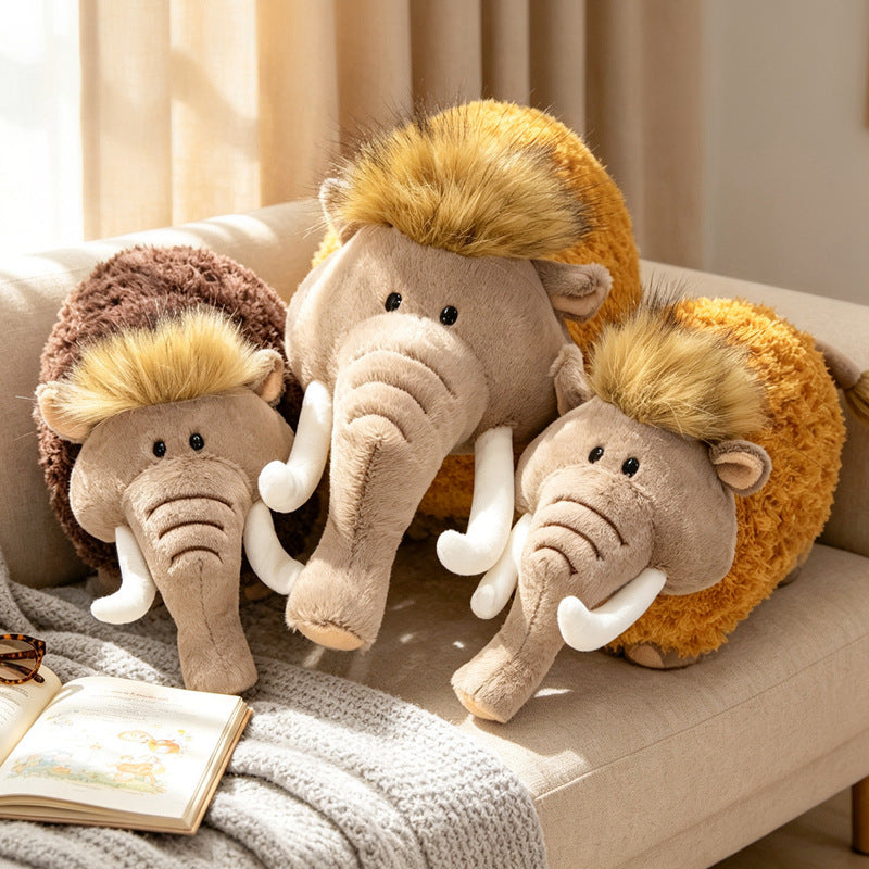 Round Woolly Mammoth Plush Cushion Toy with Curly Faux-Fur & Soft Trunk Kalsten