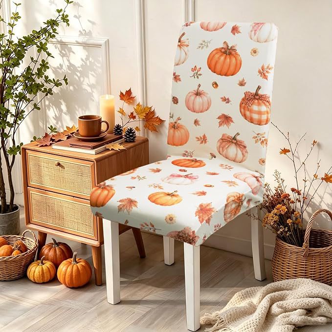 Stretch chair cover with autumn pumpkin and leaf motif