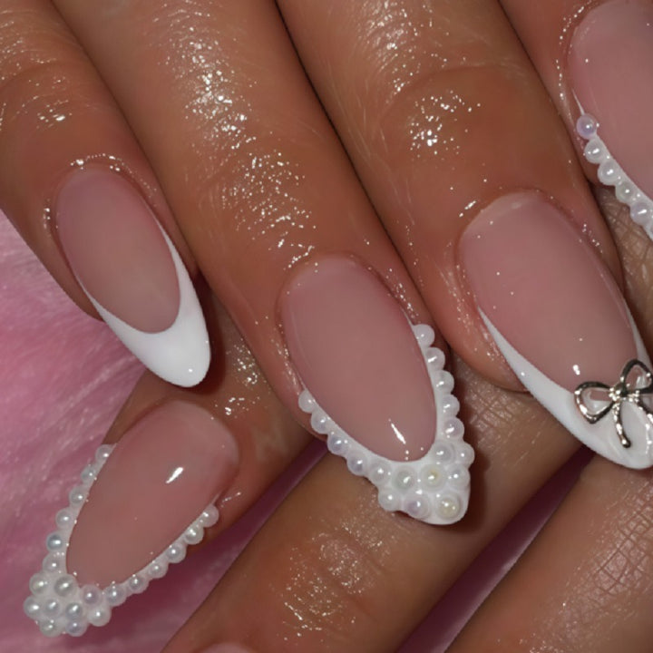 Elegant Acrylic Press-On Nail Set with Pearl and Bow Accents Kalsten