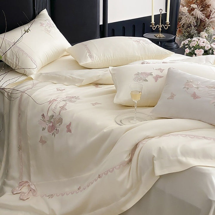 Elegant satin bedding set with rose and butterfly embroidery