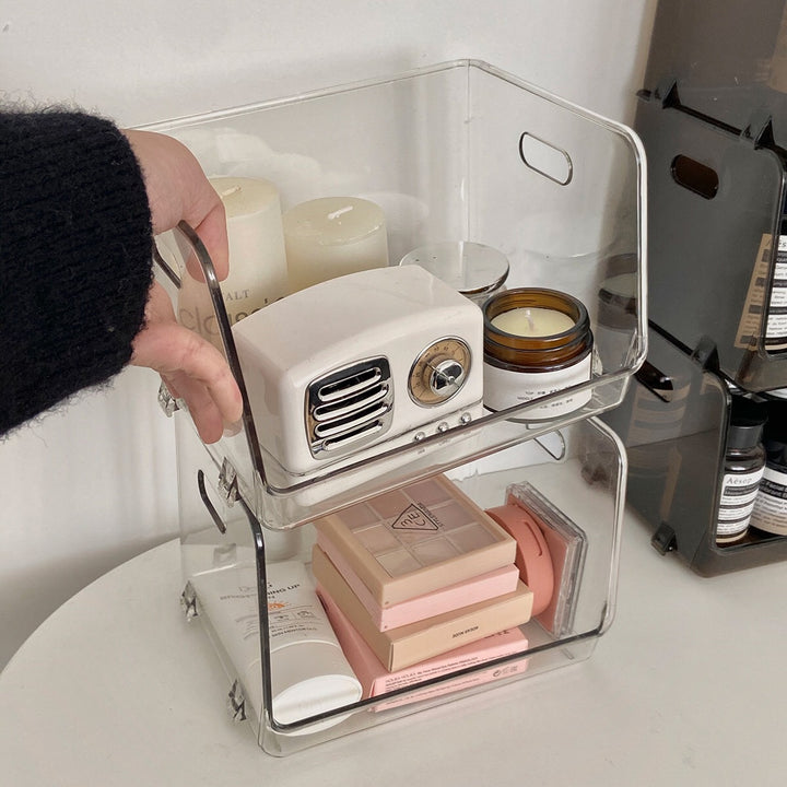 Acrylic kitchen organizer, stackable transparent storage shelf with handles