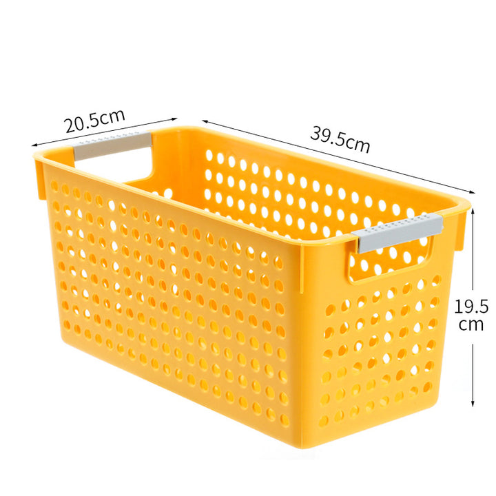 Flat plastic storage box with perforated side wall and grip recesses