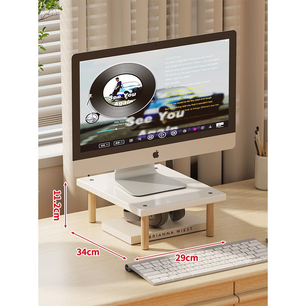 Compact Elevated Monitor Riser Stand with Wooden Legs and Under-Storage