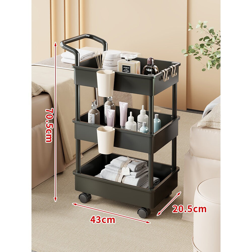 Compact Two-Tier Rolling Storage Cart with Integrated Handle and Accessory Hooks