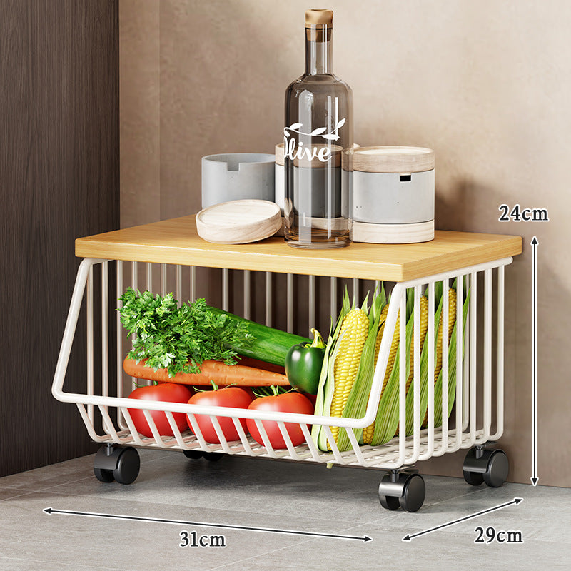 Multi-Tier Rolling Kitchen Pantry Cart with Wood Top and Deep Wire Storage Baskets