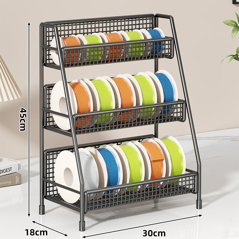 Angled Multi-Tier Spool and Tape Storage Rack with Wire Mesh Baskets