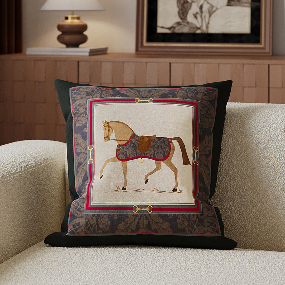 Decorative Velvet-Front Throw Pillow Cover with Unicorn Motif and Contrast Piped Edge