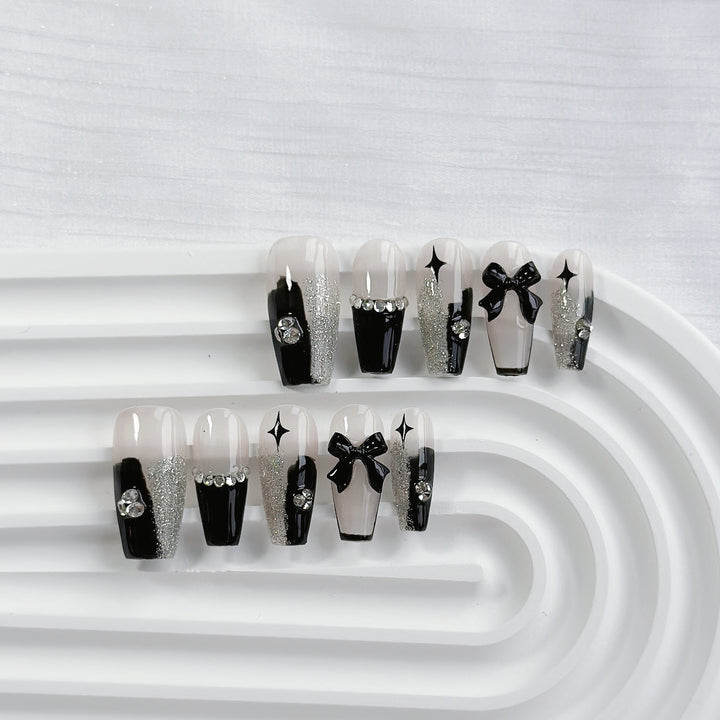 Artistic Press-On Nail Art Set with Heart and Celestial Designs