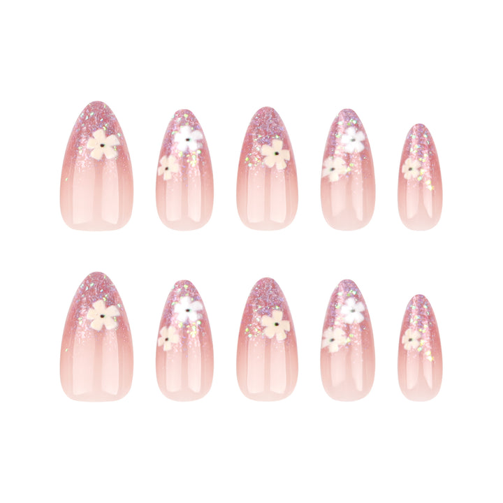 Glamorous nail extensions with glittering and floral design Kalsten