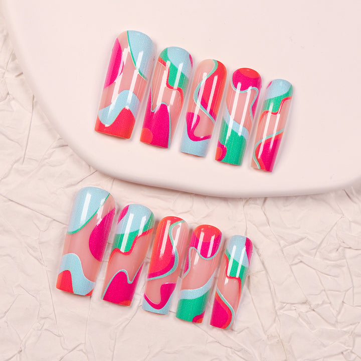 Artistic Long Press-On Nails with Colorful Abstract Design Kalsten