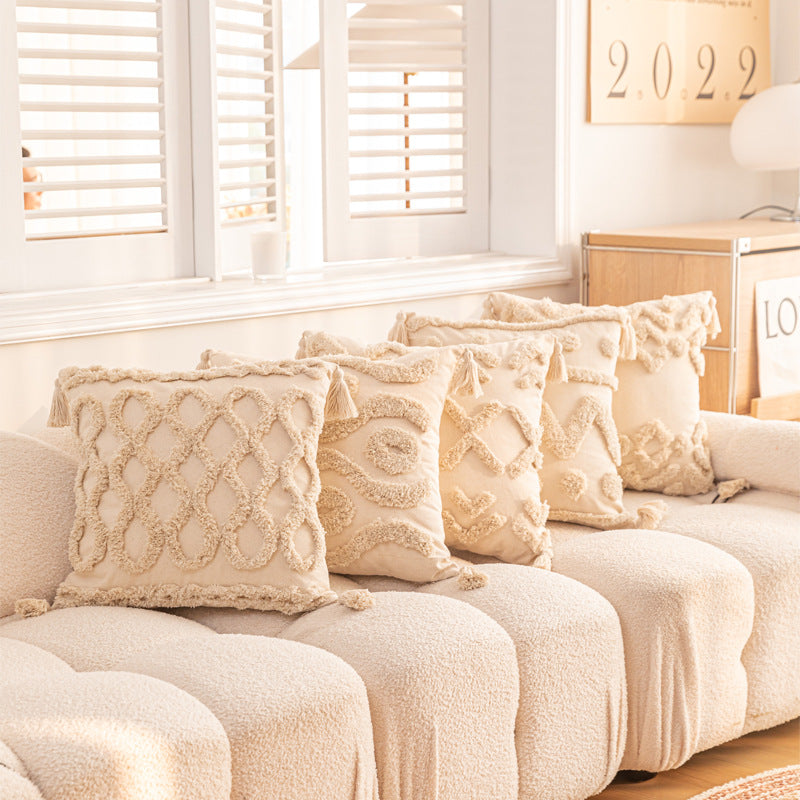 Textured Tufted Boho Shag Accent Throw Pillow with Tasseled Corners and Removable Cover